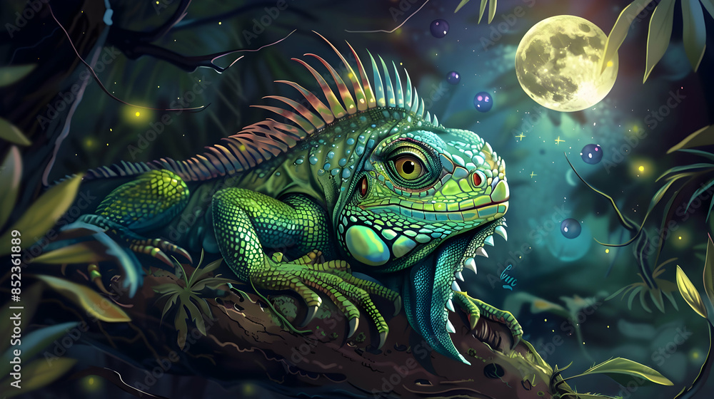 Obraz premium Green Iguana Illustration in the Jungle with a Full Moon - A Night in the Rainforest