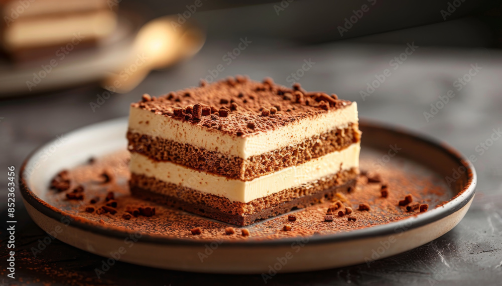 close up of the square piece of layered tiramisu on a plate. dark background close up of the square piece of layered tiramisu on a plate. dark background