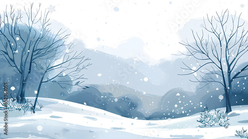 A serene winter landscape with snow-covered trees and rolling hills, illustrated in the style of soft pastel colors of light blue, grey, white, and black for an elegant clipart design.