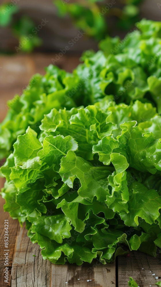 A bunch of green lettuce on a wooden table A bunch of green lettuce on a wooden table
