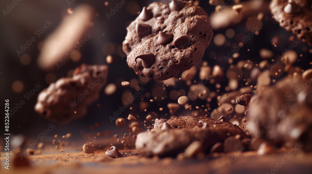 Floating chocolate chip cookies with scattered crumbs in the air. Floating chocolate chip cookies with scattered crumbs in the air.