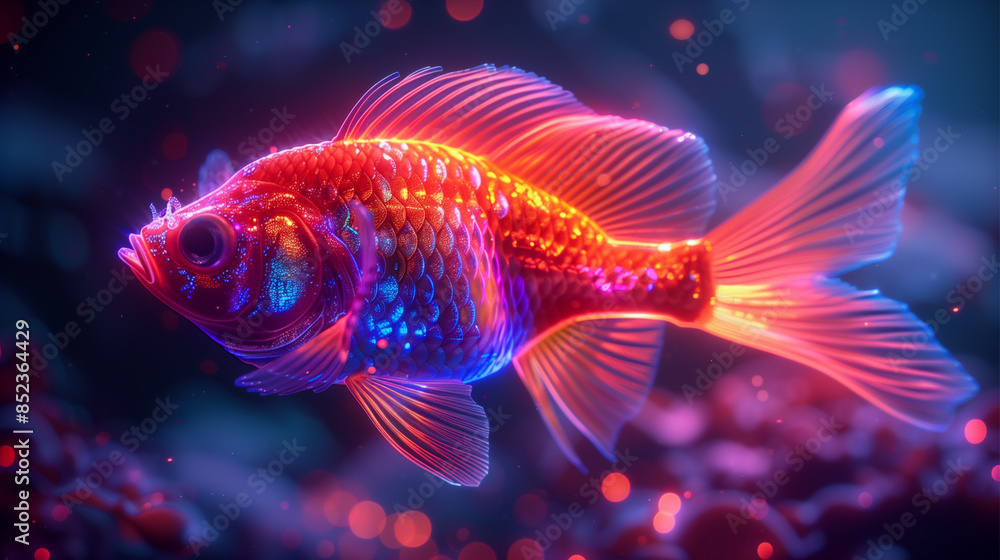 3D modern Fish icon in bright neon graphic style black background 3D modern Fish icon in bright neon graphic style black background