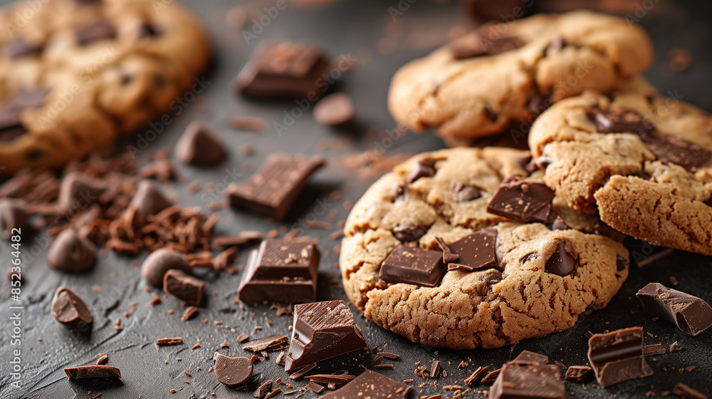 Stacked chocolate chip cookies with scattered chocolate chips on a surface. Stacked chocolate chip cookies with scattered chocolate chips on a surface.