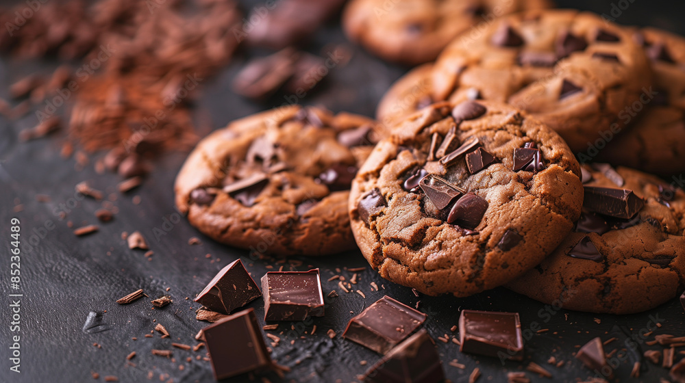 Fototapeta premium Stacked chocolate chip cookies with scattered chocolate chips on a surface.