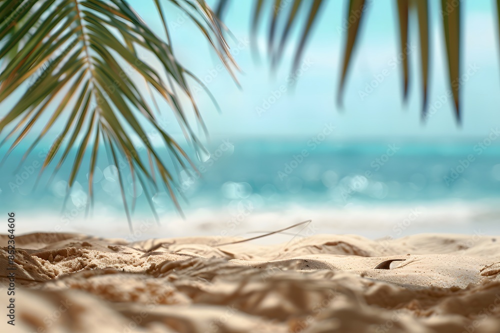 Beautiful wide panorama of a paradise beach with golden sand and palm leaves in blur Beautiful wide panorama of a paradise beach with golden sand and palm leaves in blur
