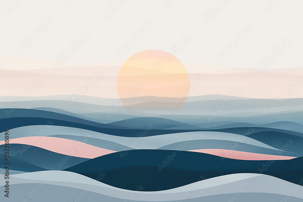 Evening atmosphere sunset, Close up sun, minimalist abstract landscape in soft pastel colors, featuring gentle rolling hills and a serene sky Evening atmosphere sunset, Close up sun, minimalist abstract landscape in soft pastel colors, featuring gentle rolling hills and a serene sky