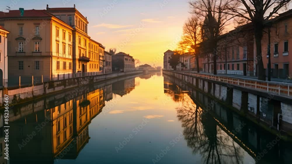 A tranquil waterway mirroring buildings and trees in its calm surface A tranquil waterway mirroring buildings and trees in its calm surface