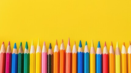 Colorful pencils border yellow background