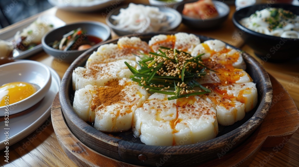 Korean dessert rice cake Ttok served on a wooden platter Korean dessert rice cake Ttok served on a wooden platter