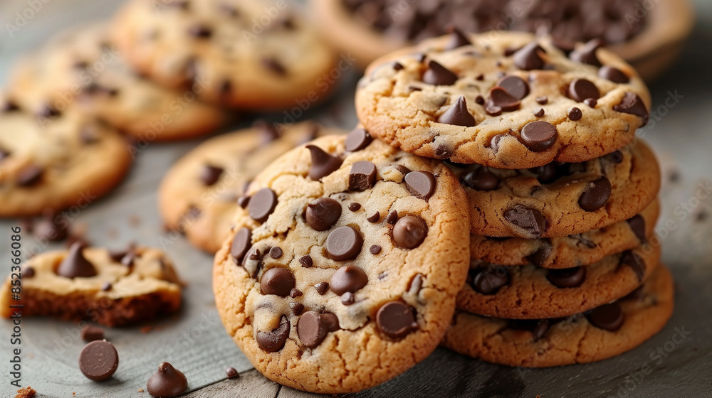 Stacked chocolate chip cookies with scattered chocolate chips on a surface. Stacked chocolate chip cookies with scattered chocolate chips on a surface.