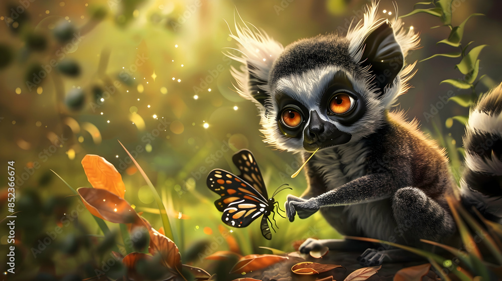 Curious Lemur with Butterfly Illustration Curious Lemur with Butterfly Illustration