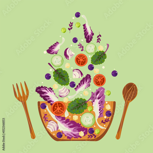 Fruit salad, tomatoes, grapes, onions, cucumbers, green salad, purple vegetables, and other healthy foods float in the air into wooden bowls crushed by fins. Isolated illustration on a light backgroun