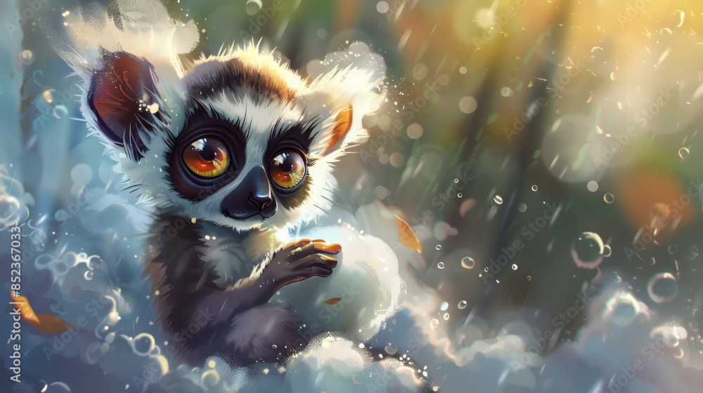 Cute Lemur Illustration with Big Eyes and Soft Fur in a Dreamy Setting Cute Lemur Illustration with Big Eyes and Soft Fur in a Dreamy Setting