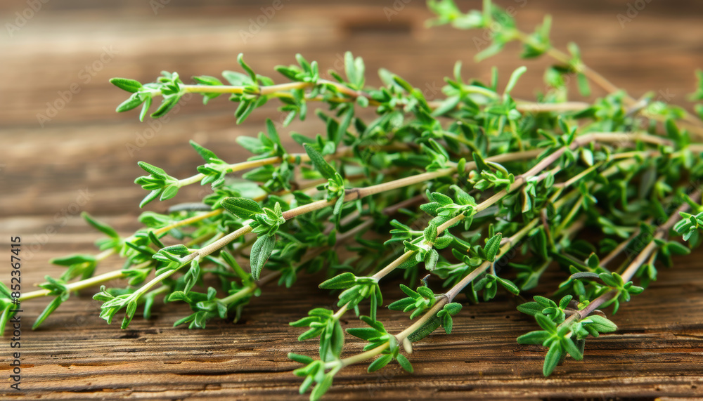 A bunch of fresh green herbs are displayed on a wooden table A bunch of fresh green herbs are displayed on a wooden table