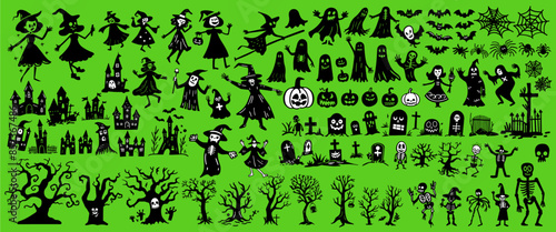 かわいいハロウィーンの落書きシルエット イラスト セット: 幽霊の出る城、幽霊、魔女、木