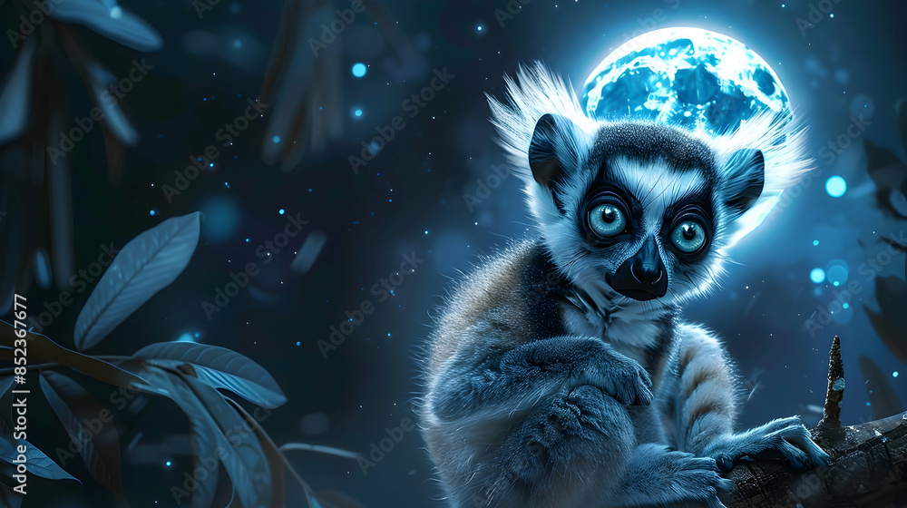 Fototapeta premium Cute Lemur Under a Blue Moon Illustration