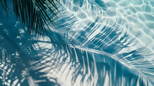 Top view of tropical leaf shadow on water surface. Shadow of palm leaves on white sand beach. Beautiful abstract background concept banner for summer vacation at the beach. --