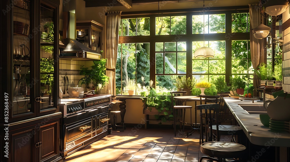 Fototapeta premium beautiful view of sunlit kitchen garden through a large bay window bringing nature freshness into the cooking area