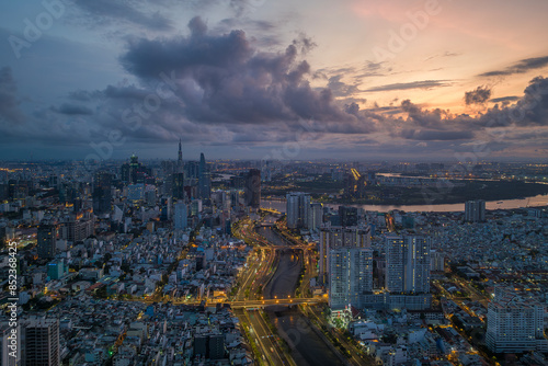 May 12, 2024: Panorama of District 1, Ho Chi Minh City in the early morning