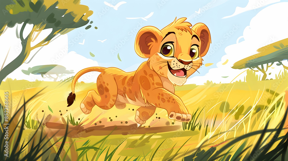 Cute Lion Cub Running in Grass Illustration Cute Lion Cub Running in Grass Illustration