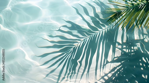 Top view of tropical leaf shadow on water surface. Shadow of palm leaves on white sand beach. Beautiful abstract background concept banner for summer vacation at the beach. --