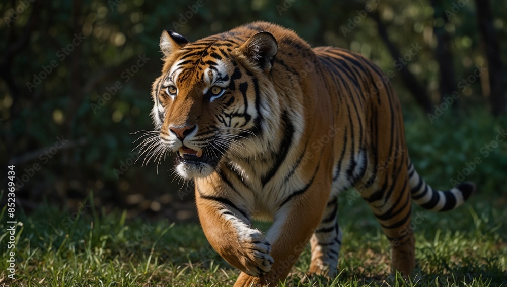 Fototapeta premium Tiger in Pursuit: Position the tiger in mid-stride, its muscles tense and powerful as it runs swiftly through the undergrowth. Capture the intensity in its eyes and the determination in its posture.