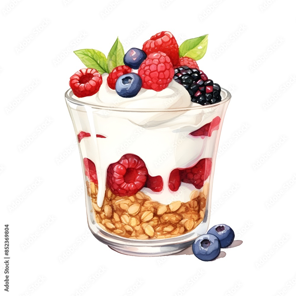 Delightful Watercolor of a Homemade Greek Yogurt Parfait with Granola and Fresh Berries Delightful Watercolor of a Homemade Greek Yogurt Parfait with Granola and Fresh Berries