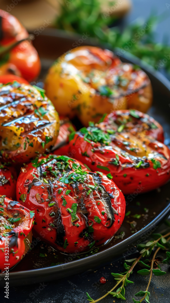 Fototapeta premium A plate of grilled tomatoes with herbs on top