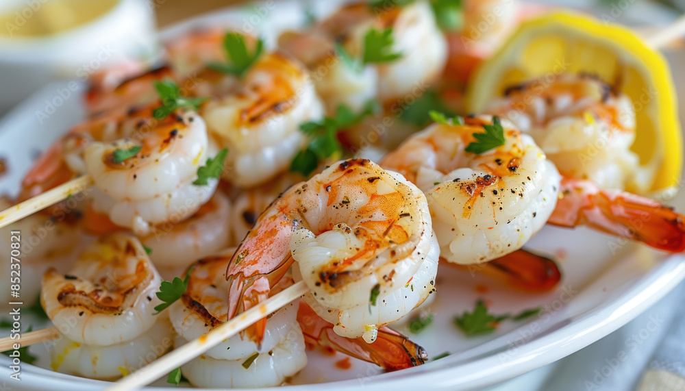 A plate of shrimp skewers with lemon and parsley on the side A plate of shrimp skewers with lemon and parsley on the side