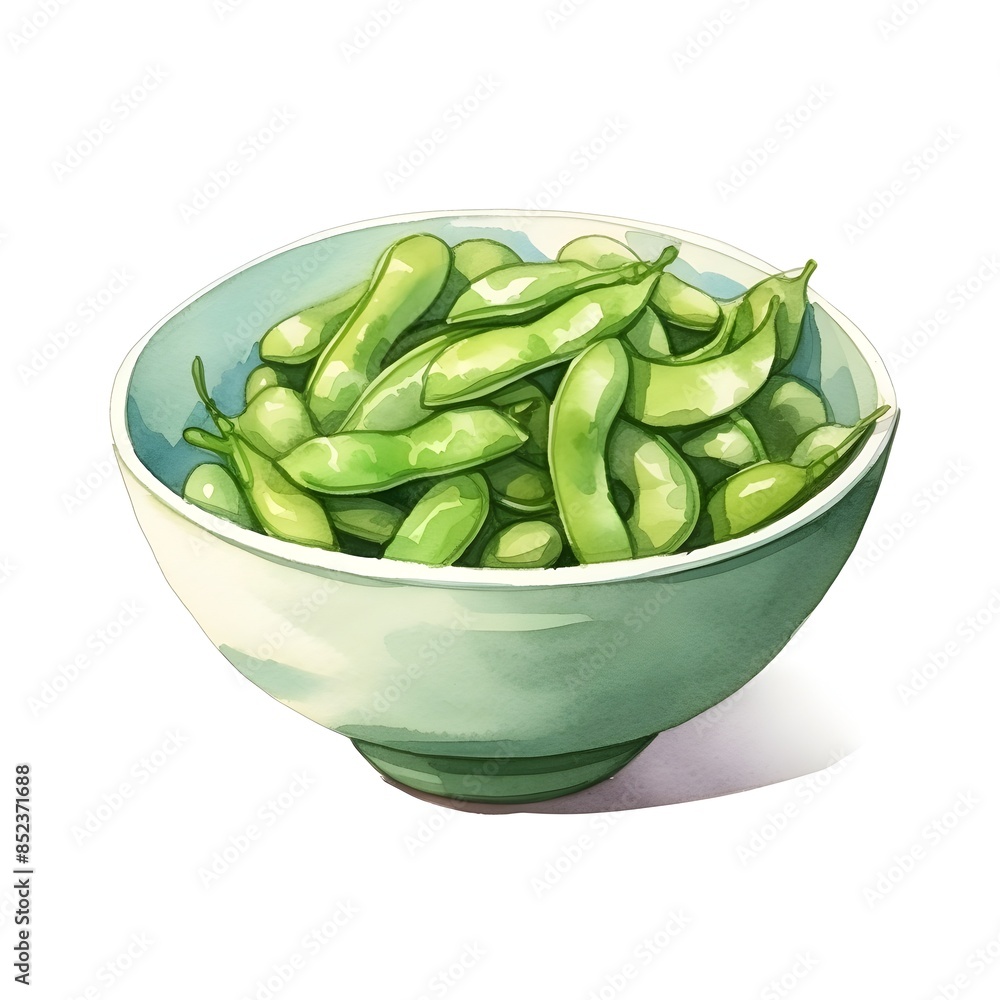 Watercolor of Green Edamame Beans in a Bowl on White Background Watercolor of Green Edamame Beans in a Bowl on White Background