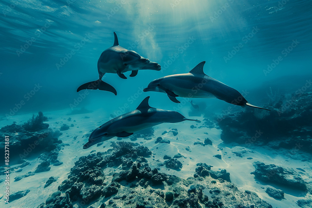 Obraz premium Dolphins and dolphins swimming in the blue ocean, underwater photography in the style of National Geographic photo, wide angle lens, raw high resolution, HDR, professional color grading, soft shadows,