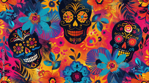 vibrant background featuring simple black silhouettes of sugar skulls against a bright, multicoloured backdrop, emphasising the contrast and festive nature of the Day of the Dead celebration