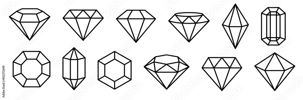 Set of diamonds line in a flat icons style. Abstract black diamond collection icons. Gemstone icons in a linear minimal style. Vector icon logo design diamonds. Set of diamonds line in a flat icons style. Abstract black diamond collection icons. Gemstone icons in a linear minimal style. Vector icon logo design diamonds.