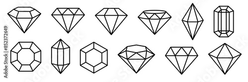 Set of diamonds line in a flat icons style. Abstract black diamond collection icons. Gemstone icons in a linear minimal style. Vector icon logo design diamonds.