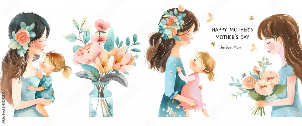 set of watercolor Mother's Day cards with the text "HAPPY" and "love ...