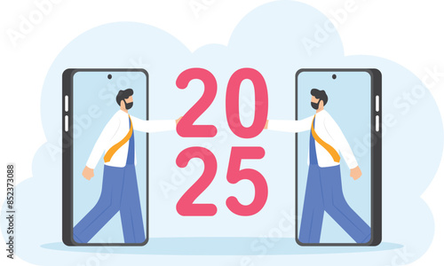 Happy new year 2025 landing page. illustration of people celebrating New Year's party using video calling technology. a team or group appears from the smartphone. holding the number 2025. flat style

