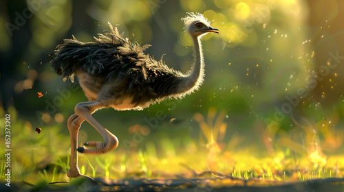 Young Ostrich Running Through Golden Grass Illustration photo