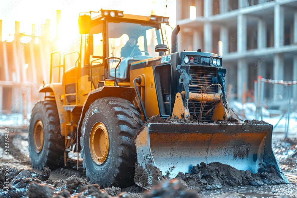 A yellow construction tractor with a large blade is working on a building site. The tractor is in the foreground, and a partially constructed building is in the background A yellow construction tractor with a large blade is working on a building site. The tractor is in the foreground, and a partially constructed building is in the background