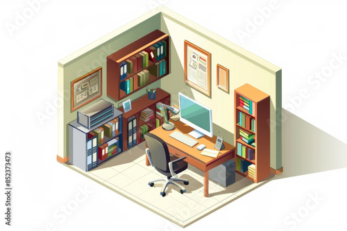 isometric view interior of a home office room with bookshelves, a desk and computer