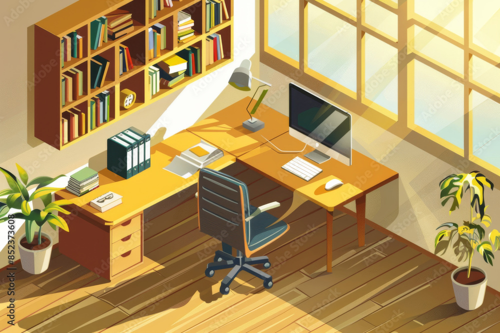 isometric view interior of a home office room with bookshelves, a desk and computer