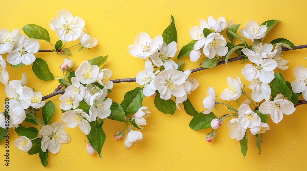 White apple tree flowers in spring on yellow background for Mother s Day Valentine s Day or wedding celebrations White apple tree flowers in spring on yellow background for Mother s Day Valentine s Day or wedding celebrations