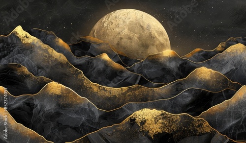 Painting of a luxurious black and gold mountain landscape, stunning visual, scenic