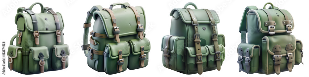Fototapeta premium Set of Green Backpack isolated on transparent png background. Generative ai