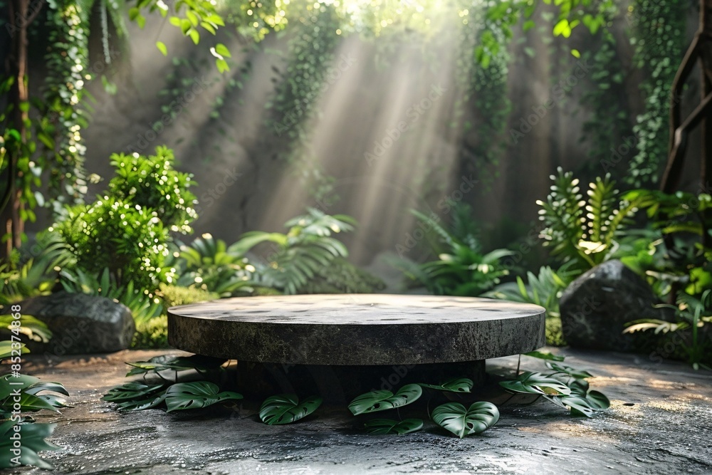 Lush green forest with a round stone pedestal under sunlight. Lush green forest with a round stone pedestal under sunlight.