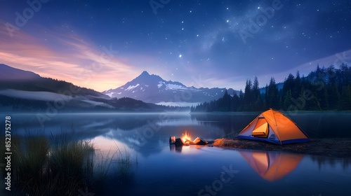 A cozy campsite with a tent, campfire, and starry night sky in the background. List of Art Media: Photograph inspired by Spring magazine.