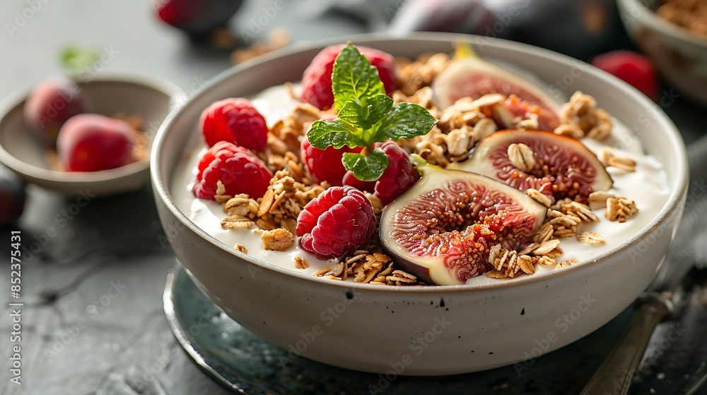 A bowl filled with Greek yogurt with figs sliced granola plate berry A bowl filled with Greek yogurt with figs sliced granola plate berry