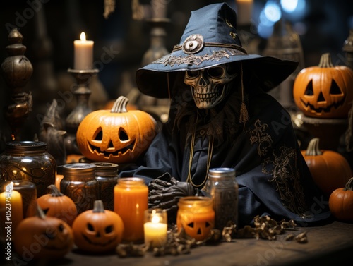 a halloween witch sitting in front of a table with pumpkins and candles