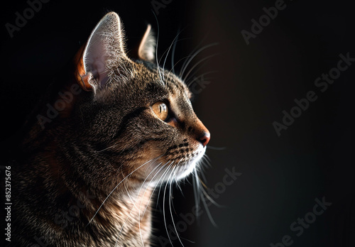 Beautiful cat portrait in a dark room with light from a window, side view, in the style of copy space concept 