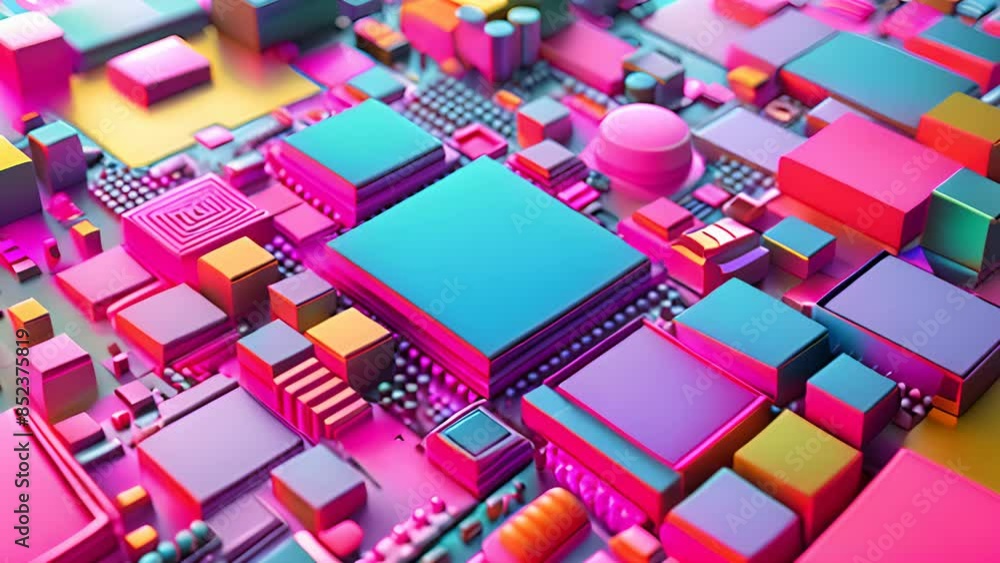 A vibrant abstract 3D rendering of a colorful circuit board with geometric shapes, representing modern technology and electronic design. A vibrant abstract 3D rendering of a colorful circuit board with geometric shapes, representing modern technology and electronic design.