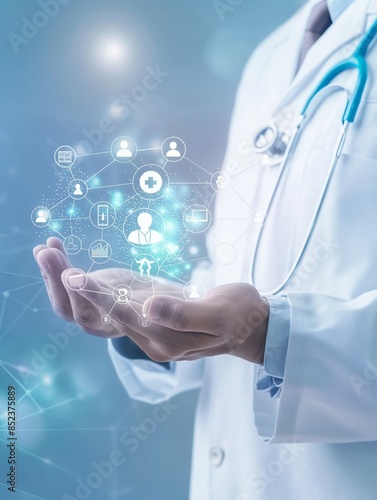A digital health data doctor hovers above it, symbolizing the integration of technology in medical care